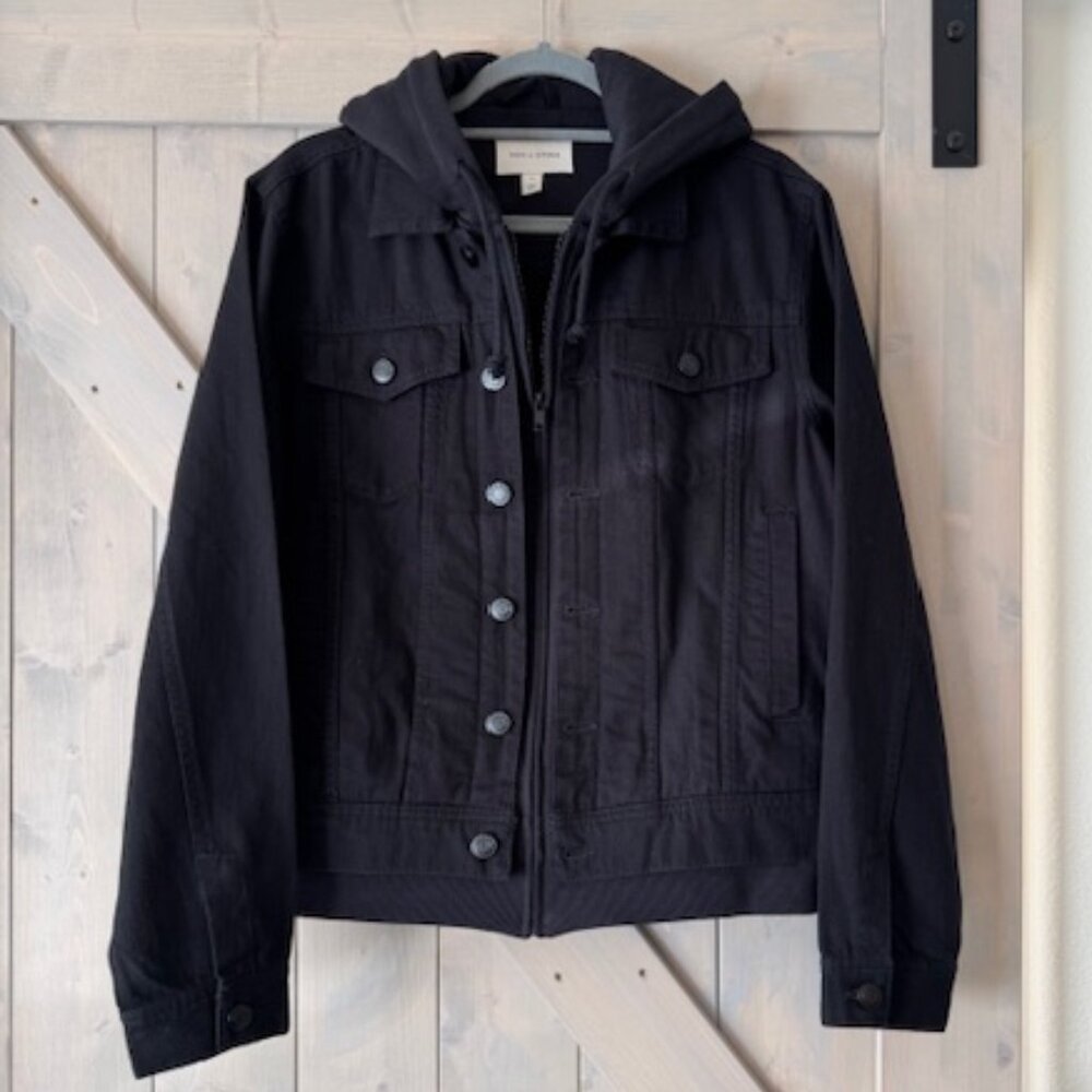 Sun + Stone Men's Trucker Black Denim Jacket Layered EUC Size Medium